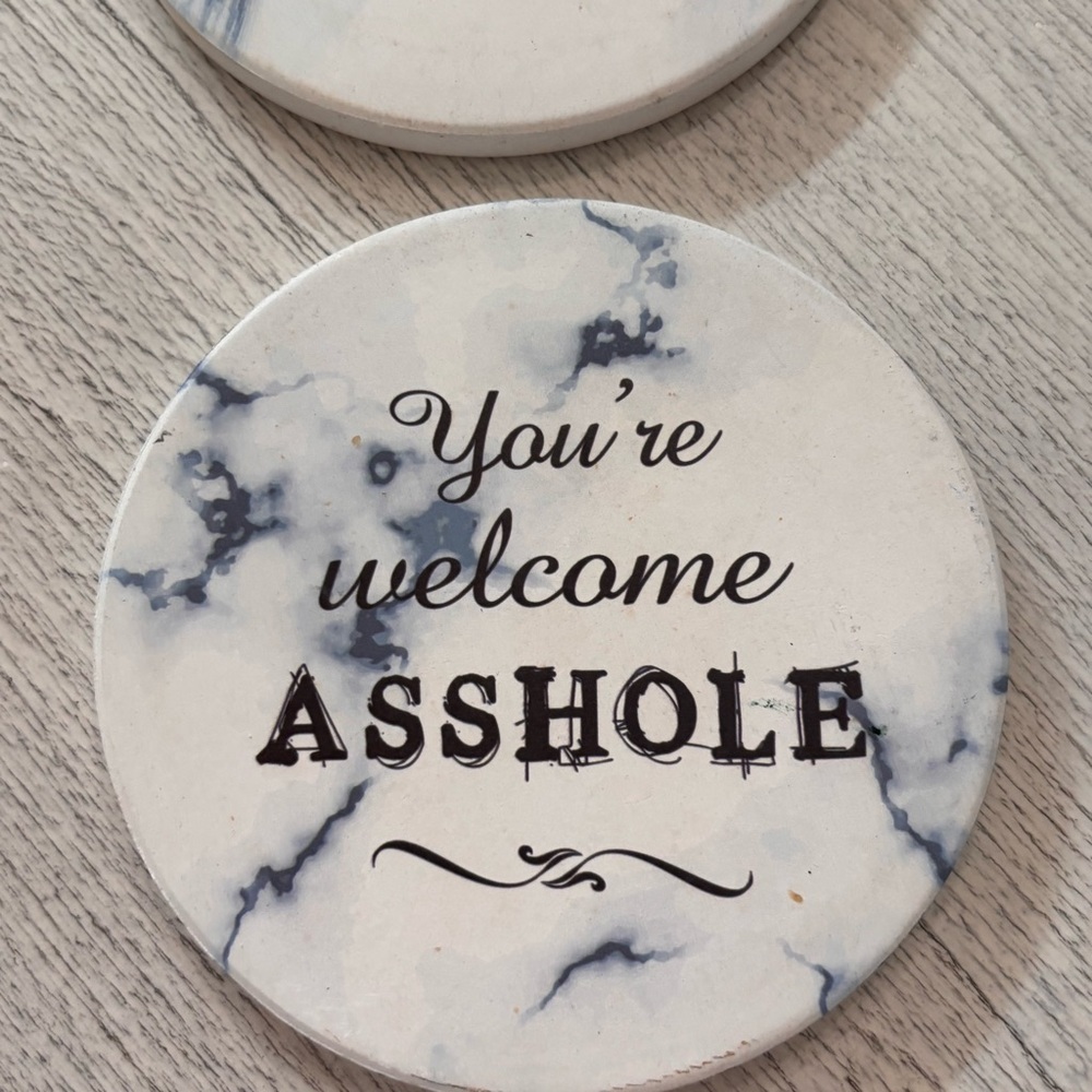 Set Of 4 Naughty Coasters White Marble Print 4” Graphic Moisture Absorbing - Picture 2 of 6